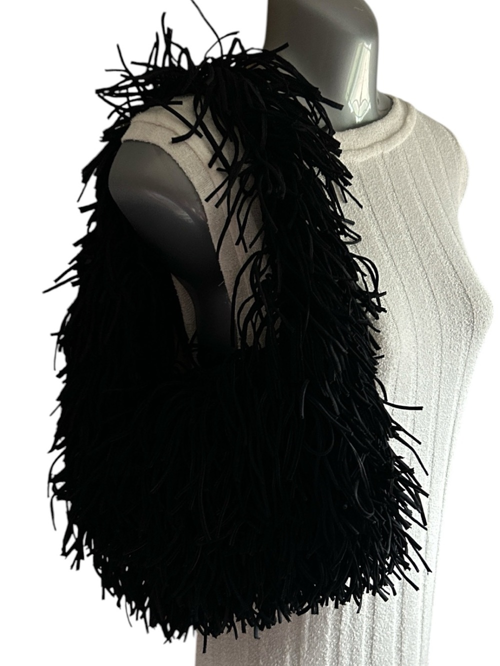 Black Shaggy Fringe Boho Style Hobo Handbag with Crochet Knit Lining